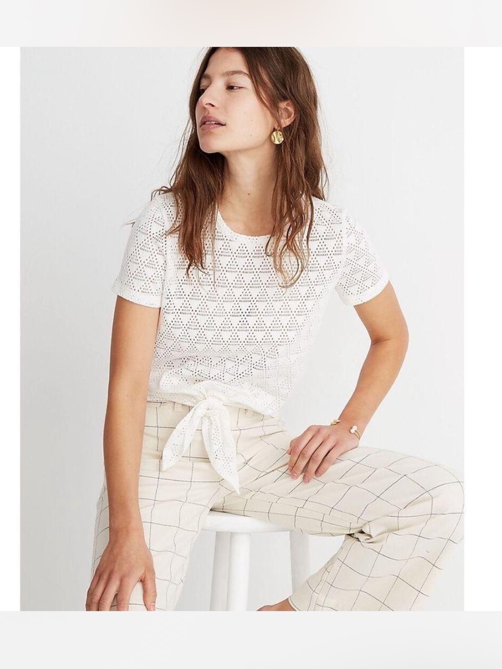 Madewell White Eyelet Short-Sleeve Tie Front Top